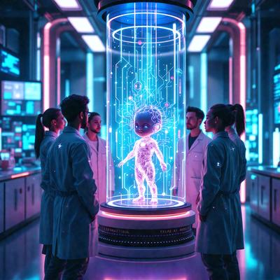 The primary subject of the image is a group of people, specifically a man and a woman, standing in front of a large, blue, glowing cylinder. The setting appears to be a futuristic environment, possibly a laboratory or a space station. The visual style of the image is a combination of photo and digital art, creating a unique and captivating atmosphere. The dominant colors in the image are blue and purple, which contribute to the futuristic and otherworldly mood.